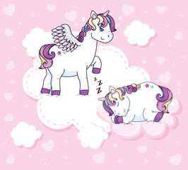 Wall Mural - cute unicorns fantasy and clouds decoration vector illustration design