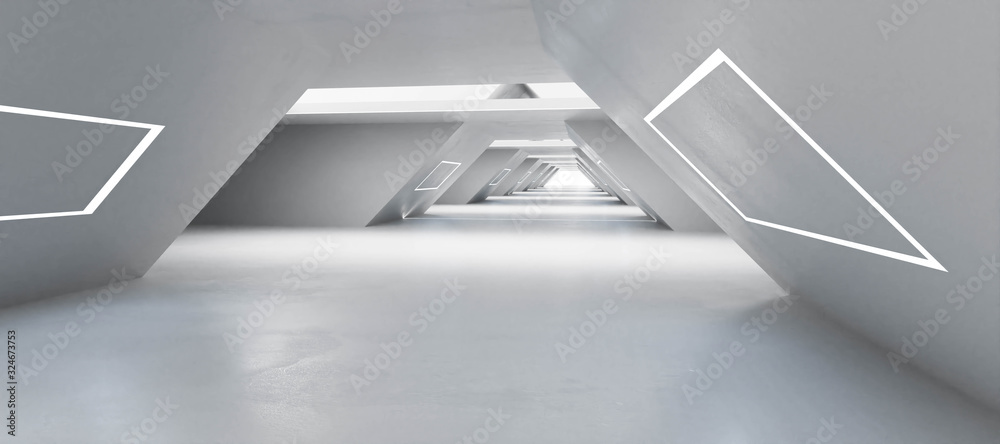 Modern futuristic white shiny architecture builing interior with futuristic lighting 3d render illustration - obrazy, fototapety, plakaty 