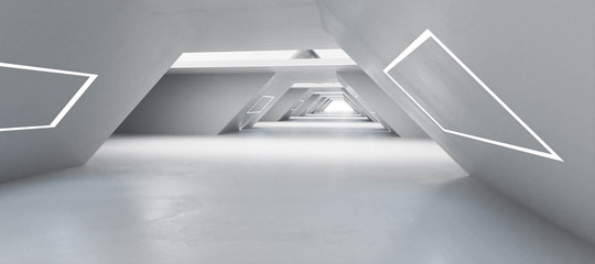 Poster - Modern futuristic white shiny architecture builing interior with futuristic lighting 3d render illustration