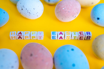 Easter greeting card with painted eggs. Seasonal Easter message  