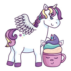 Wall Mural - cute unicorn with cup unicorn kawaii style vector illustration design