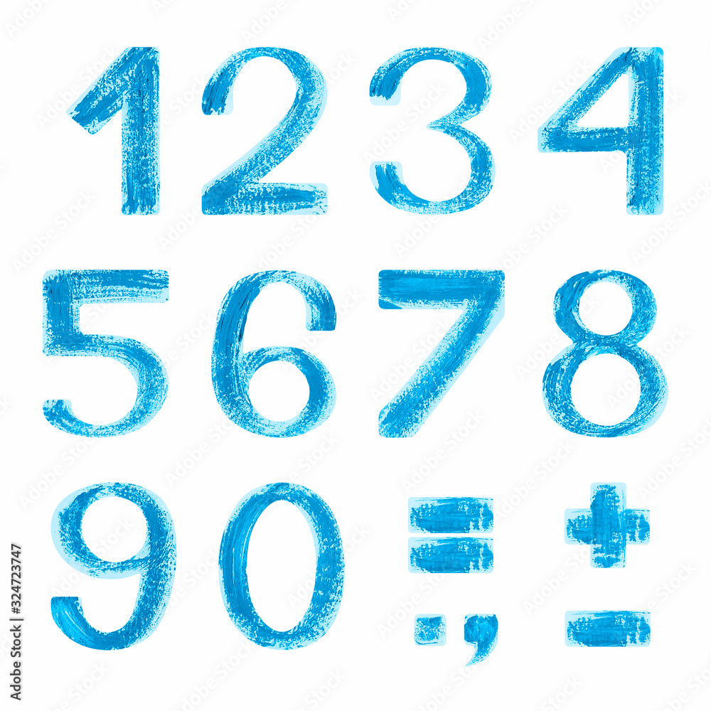 Hand painted blue numbers on white background. Isolated on white ...