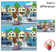 City street. Find 10 differences. Educational matching game for children. Cartoon vector illustration