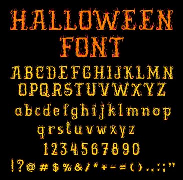 Halloween fire font. Burning type uppercase and lowercase letters, numbers and punctuation symbols isolated on black background. Latin scary flame font letters. Vector