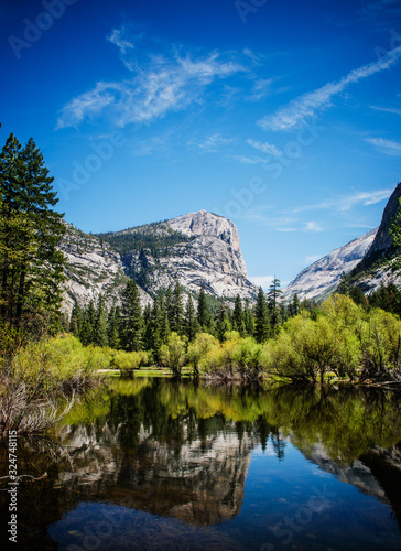 mountain overlooking mirror lake in Yosemite National Park, Mariposa County, ...