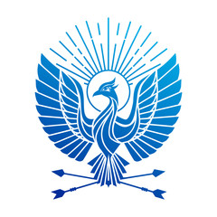 Phoenix blue bird logo .Peacock flaing bird vector logo.Firebird abstract geometrical tattoo design.