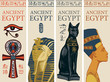 Set of vector travel posters with colored images of Coptic Cross, Tutankhamun, Bastet and Nefertiti. Advertising banners or flyers for travel agency with Egyptian symbols and words Ancient Egypt