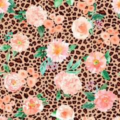 Flowers and leopard print seamless pattern, watercolor animal and floral background