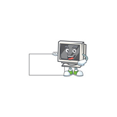 Sticker - Cute funny vintage monitor cartoon character having a board