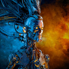 Wall Mural - galactic reaper duality / 3d illustration of scary futuristic science fiction skull faced humanoid c