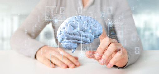 Poster - businessman holding a intelligence artificial brain with data - 3d rendering