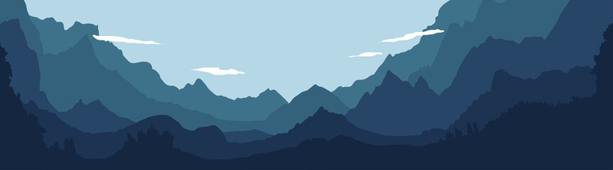 vector illustration of beautiful dark blue mountain landscape with fog and forest. sunrise and sunse