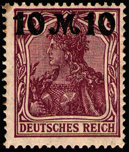 GERMANY - CIRCA 1921: Postage Stamp 10 German Reichsmark Printed By Germany, Shows 1920 Stamps Surch. (Germania), Circa 1921