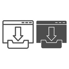Poster - Download window line and solid icon. Browser page with upload file sign. Internet technology vector design concept, outline style pictogram on white background, use for web and app. Eps 10.