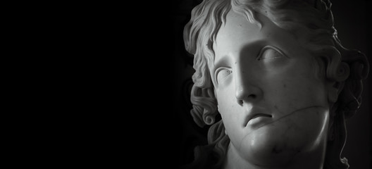 Wall Mural - White plaster bust portrait sculpture against a dark background with copyspace, head view. Head and shoulders detail of stone ancient classical statue. Close-up face crop isolated on black