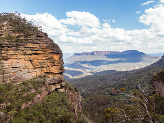 Panoramic Blue Mountains Australia. DRONE. Dramatic views of peaks, rock, valley, landscape, green rainforest jungle. Adventure, freedom, fun concepts. Tourist mountain trek. Shot in Sydney, NSW.