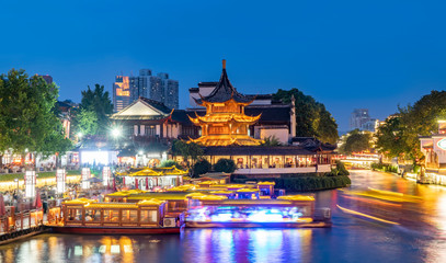 Wall Mural - Night view of ancient architecture of Qinhuai River in Nanjing Fuzi Temple..