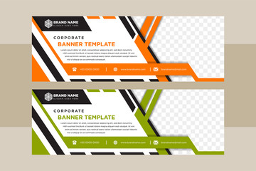 Poster - Set of vector white horizontal web banners with abstract geometric color design elements and place for photo. Templates are standard size. the colors combination is black, green and orange. 