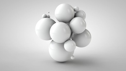 Poster - 3D animation of many white spheres. The balls pulsate on a white background over a white surface.