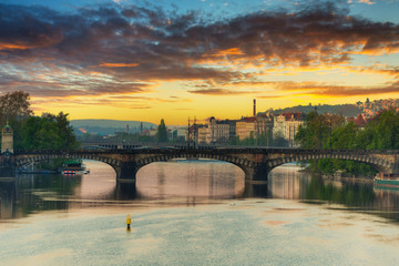 View from the Charles bridge in Prague at sunrise, Czech Republic