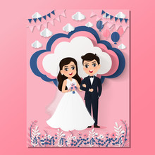 Wedding Invitation Card The Bride And Groom Cute Couple Cartoon Character.Colorful Vector Illustration For Event Celebration 