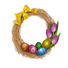 Easter Rattan Wreath With Colored Eggs And Pink Tulips, Tied With A Yellow, Gold Ribbon. Vector Isolated Illustration On A White Background. Spring Holiday. Clipart For A Greeting Card Or Poster.