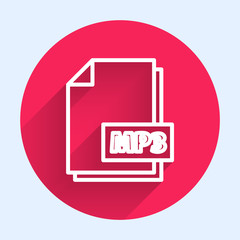 White line MP3 file document. Download mp3 button icon isolated with long shadow. Mp3 music format sign. MP3 file symbol. Red circle button. Vector Illustration