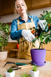 © LIGHTFIELD STUDIOS - selective focus of young woman in gloves cutting green leaves with gardening scissors