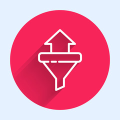 Poster - White line Sales funnel with arrows for marketing and startup business icon isolated with long shadow. Infographic template. Red circle button. Vector Illustration