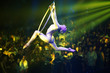 © Dima - Flexible young woman make performance on aerial hoop, flexible back on aerial hoop, aerial circus show, yellow light.