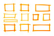 Vector hand drawn by a yellow highlighter marker square blank frames set isolated on white background.