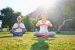 © luengo_ua - Yoga at park. Senior family couple  sitting in lotus pose on green grass. Concept of pray and meditation.