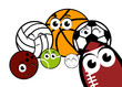 Funny sport balls characters isolated on white background. Football, volleyball, basketball, bowling, tennis, golf, rugby