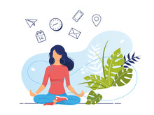 Vector Illustration Concept Of Business Woman Practicing Meditation In Office. The Girl Sits In The Lotus Position, The Thought Process, The Inception And The Search For Ideas. Practicing Yoga At Work