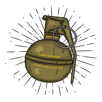 Grenade. Hand drawn vector illustration with a grenade and divergent rays. Used for poster, banner, web, t-shirt print, bag print, badges, flyer, logo design and more.