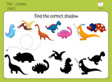 Fototapeta Dinusie - Find correct dinosaur shadow. Game for children, preschoolers. Cute cartoon dinosaurs. Educational card for kids.