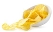 Potato chips with seasonings pour out of the plate on a white. Isolated