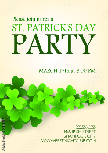 Saint Patricks Day Party invitation layout with irish shamrocks leaves on white 