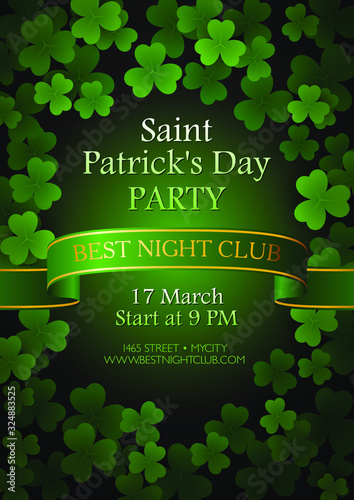 Saint Patricks Day Party invitation template with irish shamrocks leaves on green 