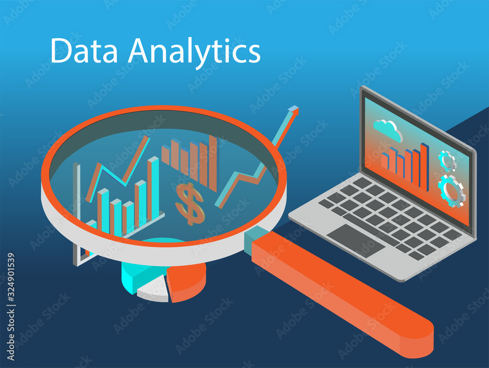 Data analytics concept vector. Isometric statistics charts and computer ...