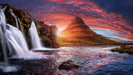 Canvas Print - Scenic image of Iceland. Incredible Nature scenery during sunset. Great view on famous Mount Kirkjufell with Colorful, dramatic sky. popular plase for photografers. Best famous travel locations