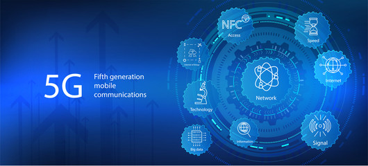 Poster - 5G banner with icons and keywords icons. The fifth innovative generation of global high-speed Internet. Vector image 5G Internet, Wi-Fi connection with a smartphone in isometric. 5G new wireless inter