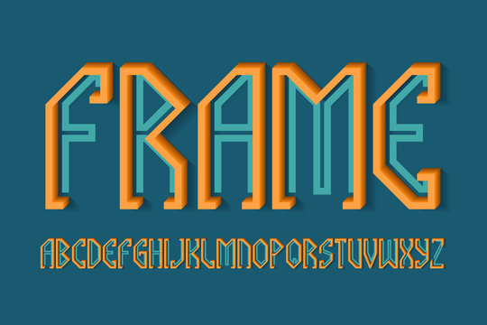 Volumetric frame alphabet of orange blue letters of flat and volumetric parts. 3d display font. Isolated english alphabet.