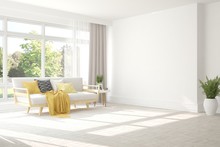Minimalist Living Room In White Color With Sofa And Summer Landscape In Window. Scandinavian Interior Design. 3D Illustration