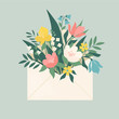 Bouquet of spring flowers inside the envelope and other decor elements. Flat design. Paper cut style. Hand drawn trendy vector greeting card.