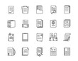 Large set of document icons with different layouts of text and number of pages with one torn through, vector line drawing illustration