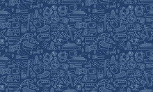 Horizontal Seamless Pattern With Travel Doodles. Dark Vacation Background. Vector Illustration.