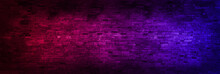 Panorama Neon Light On Brick Walls That Are Not Plastered Background And Texture. Lighting Effect Red And Blue Neon Background Of Empty Brick Basement Wall.