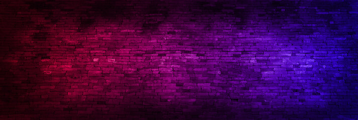 Panorama Neon light on brick walls that are not plastered background and texture. Lighting effect red and blue neon background of empty brick basement wall.