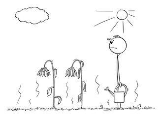 Poster - Vector cartoon stick figure drawing conceptual illustration of man or gardener with watering can on garden with dried up plants looking at sky for rain.